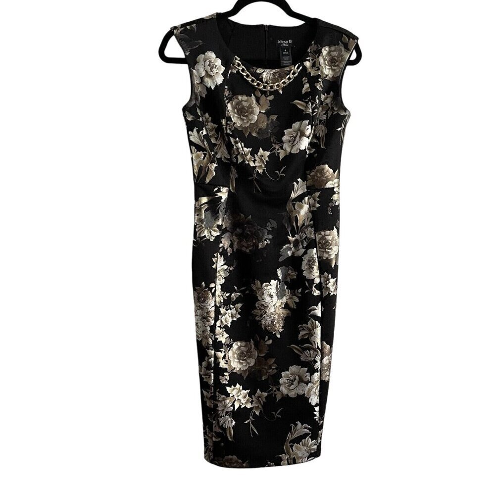 Alexa B Nites Women SZ 4 Black Floral Sleeveless Chain Neckline Sheath Dress